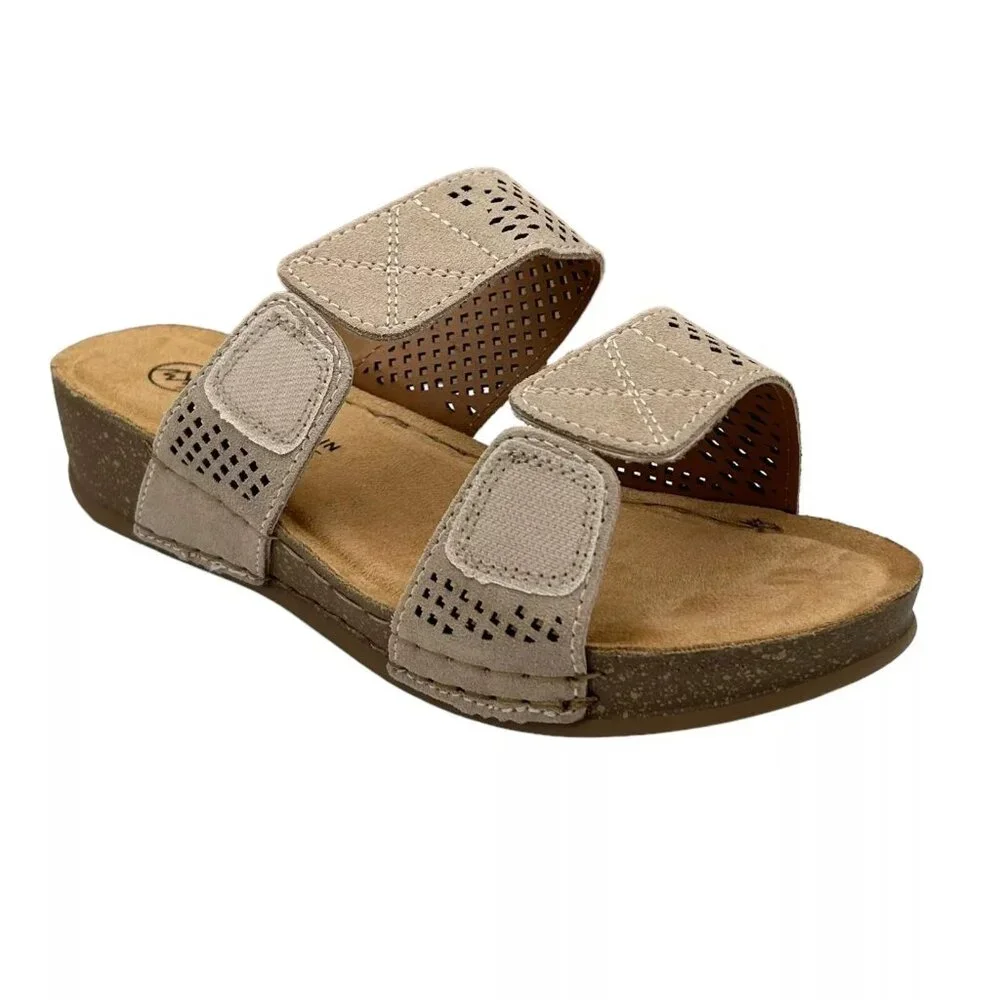 White Mountain Women's Wedge Leather Sandals Size 8 Taupe Adjustable Straps